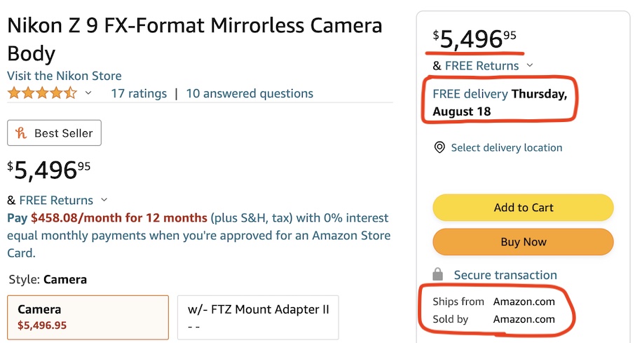 ニコンZ9が米アマゾンに定価で在庫ありで入荷→しかし即完売したようです