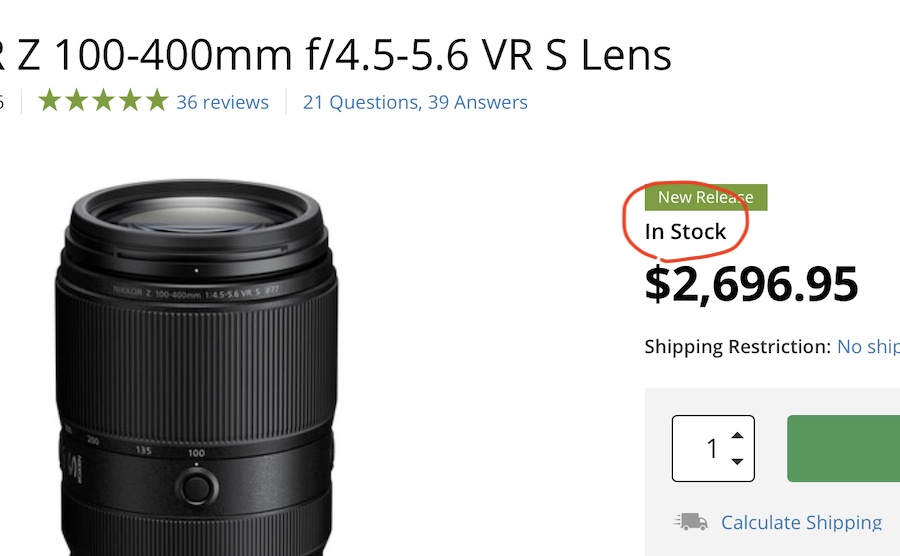 供給不足解消？海外の大手通販サイトで『NIKKOR Z 100-400mm f/4.5-5.6 VR S』が "在庫あり" に